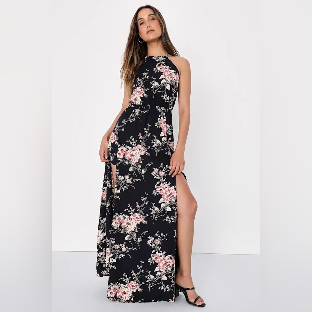 Lulus XS Feel the Music Midnight‎ Blue Floral Print Maxi Dress
